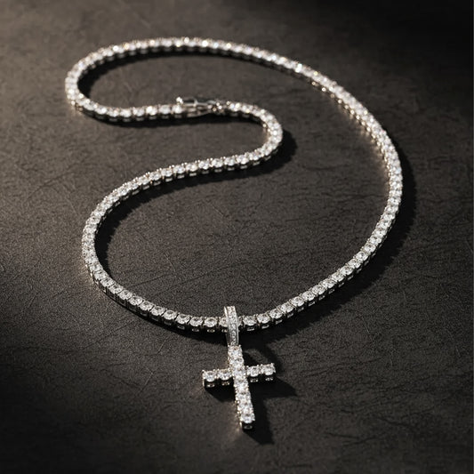 Kit Corrente e Pingente Cruz Cravejado Prata 925 Legítima - 4mm