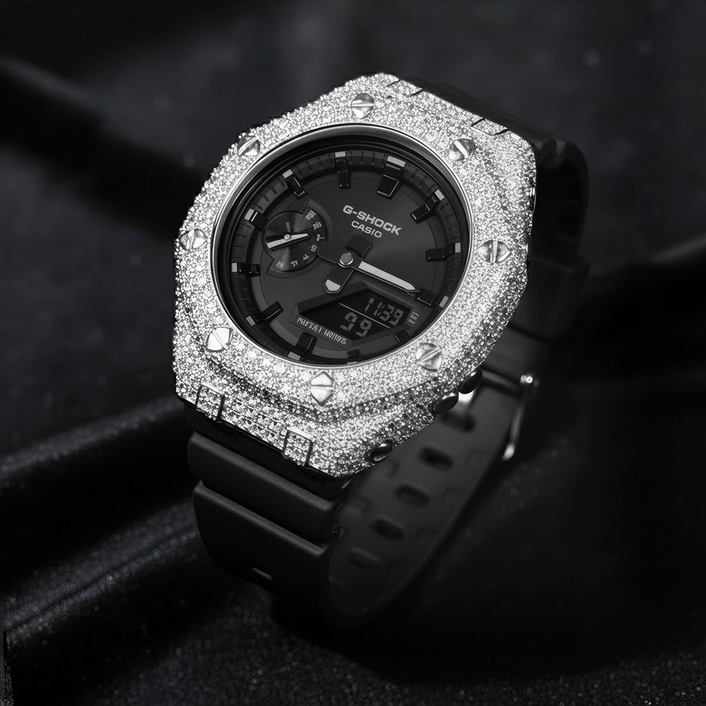 Relógio Cravejado Brilhantes Casioak #01 VVS - Pulseira Fundo Preto