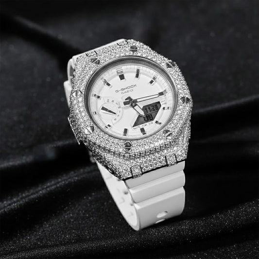 Relógio Cravejado Brilhantes Casioak #01 VVS - Pulseira Branca