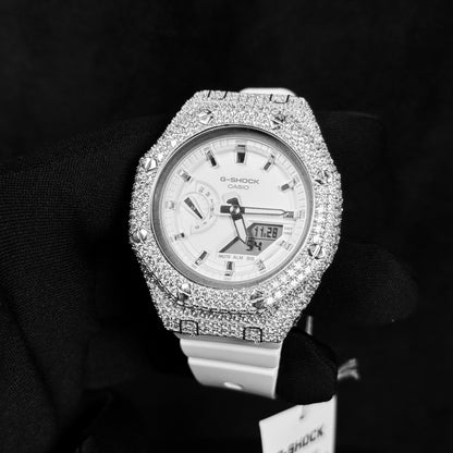 Relógio Cravejado Brilhantes Casioak #01 VVS - Pulseira Branca