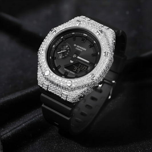 Relógio Cravejado Brilhantes Casioak #01 VVS - Pulseira Fundo Preto