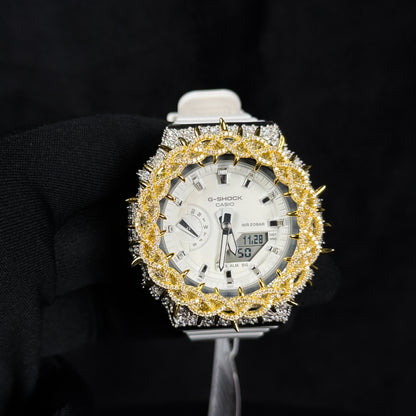 Relógio Cravejado Dourado Prata "Gold Bless" - Pulseira Branca